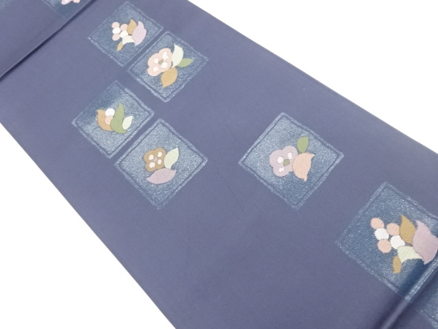 色紙に草花模様織出し袋帯